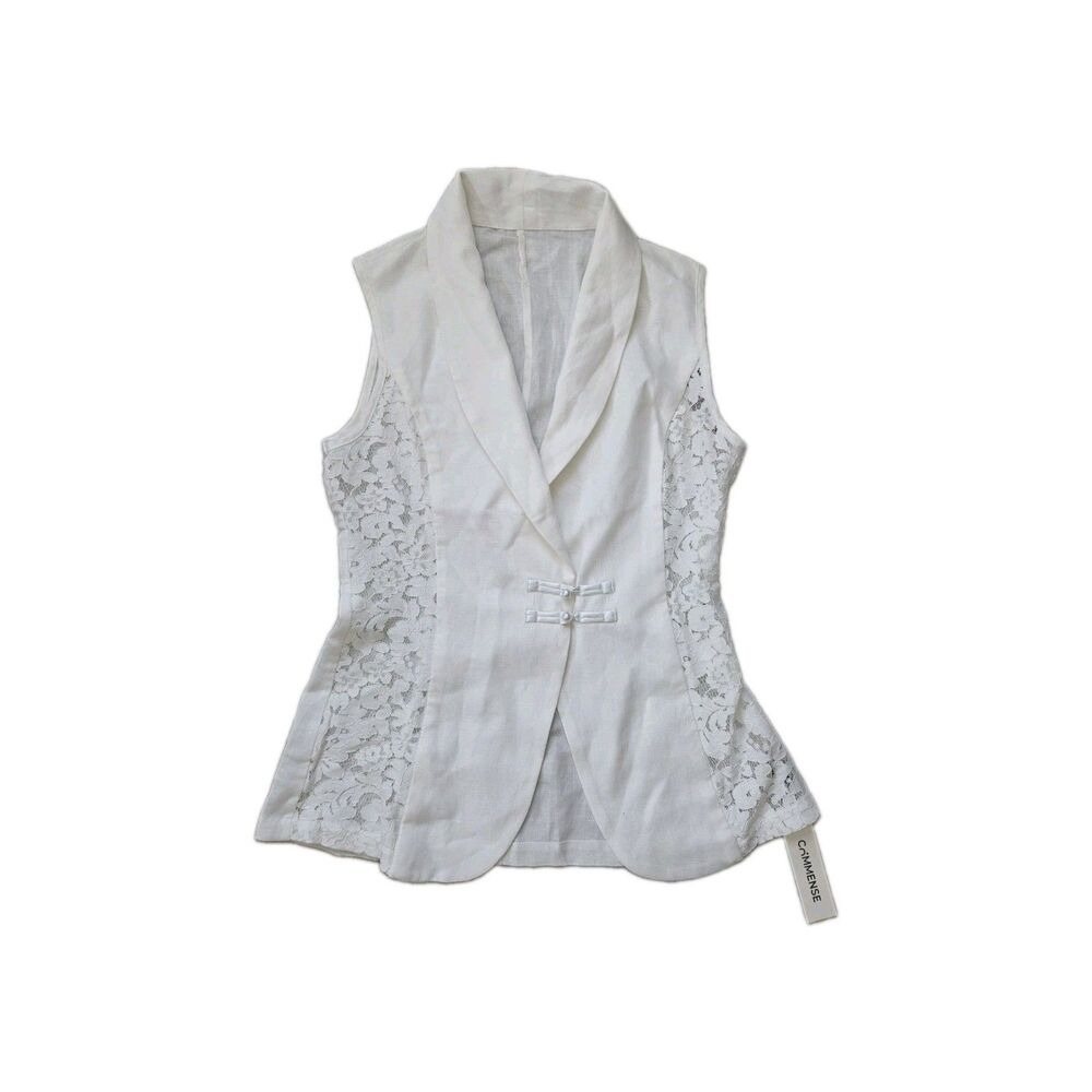 NWT Commense White Lace Panel Frog Button Linen Blend Sleeveless Blazer Vest M